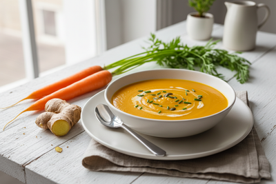 Carrot Ginger soup with ginger and carrots on a side
